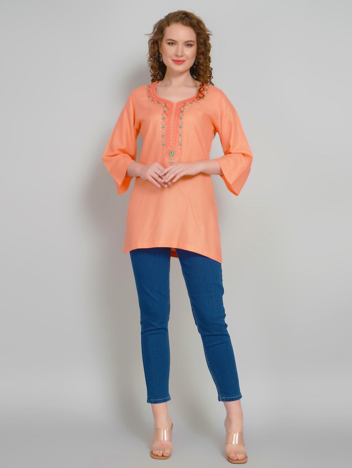 women embroidered three quarter sleeve straight kurti - 21959372 - Standard Image - 5