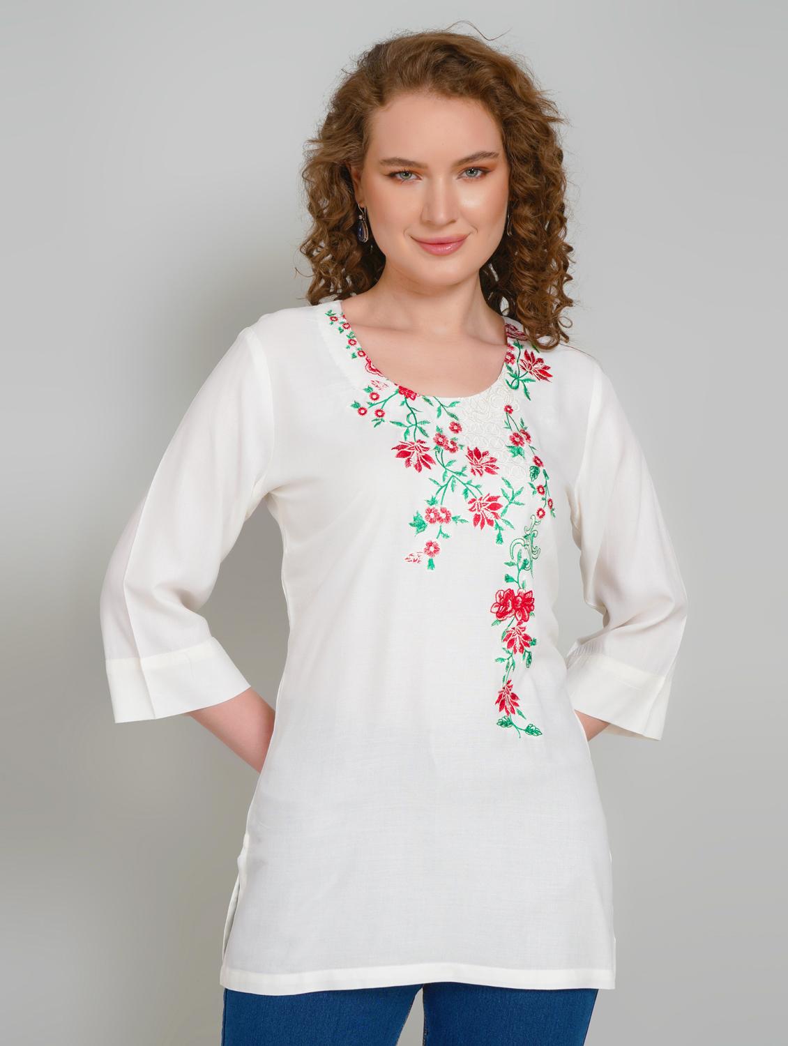 women embroidered three quarter sleeve straight kurti - 21959373 - Zoom Image - 0