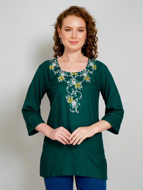 women embroidered three quarter sleeve straight kurti - 21959374 - Standard Image - 0