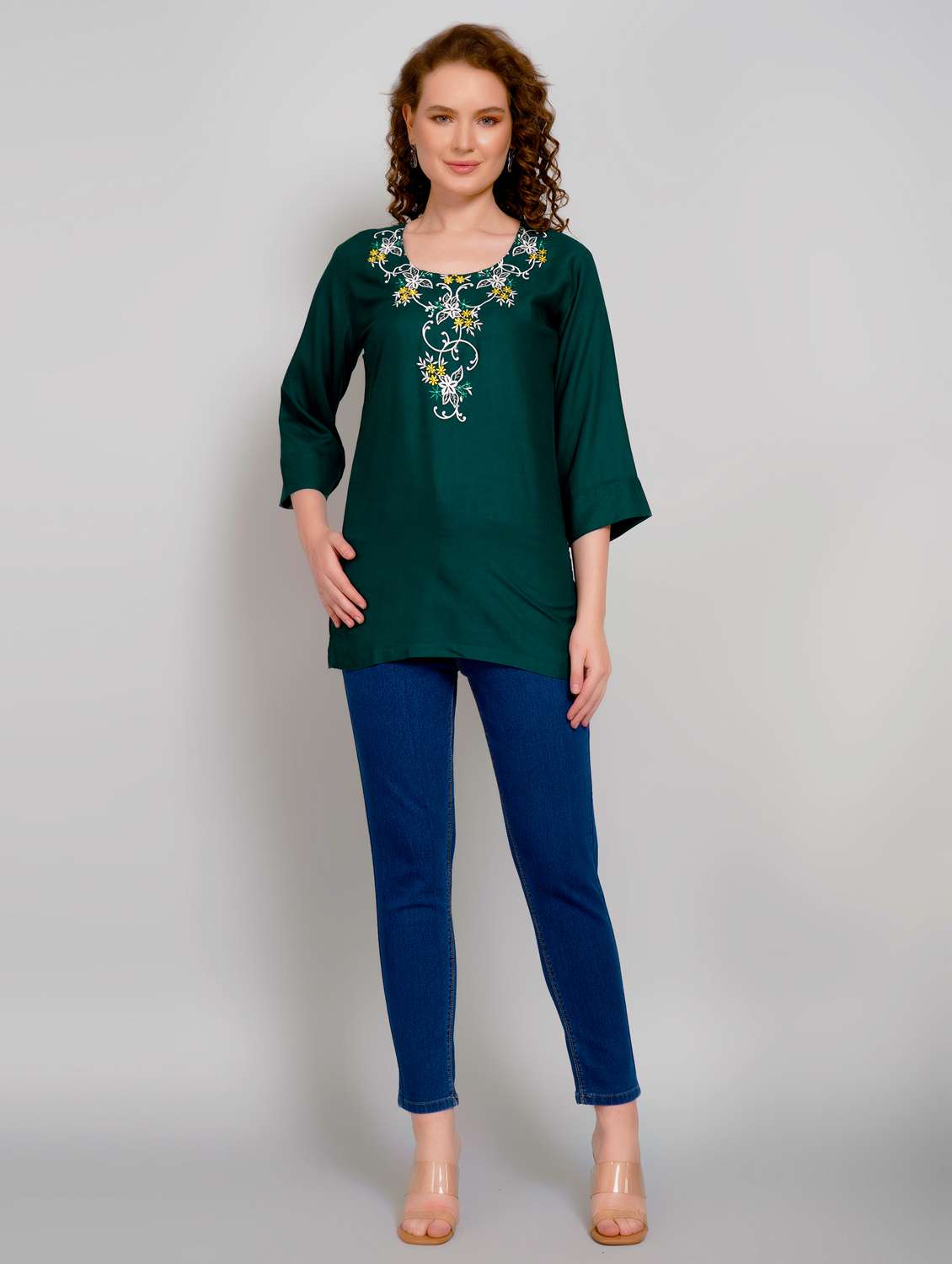 Women Embroidered Three Quarter Sleeve Straight Kurti