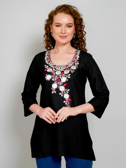 women embroidered three quarter sleeve straight kurti - 21959375 - Standard Image - 0
