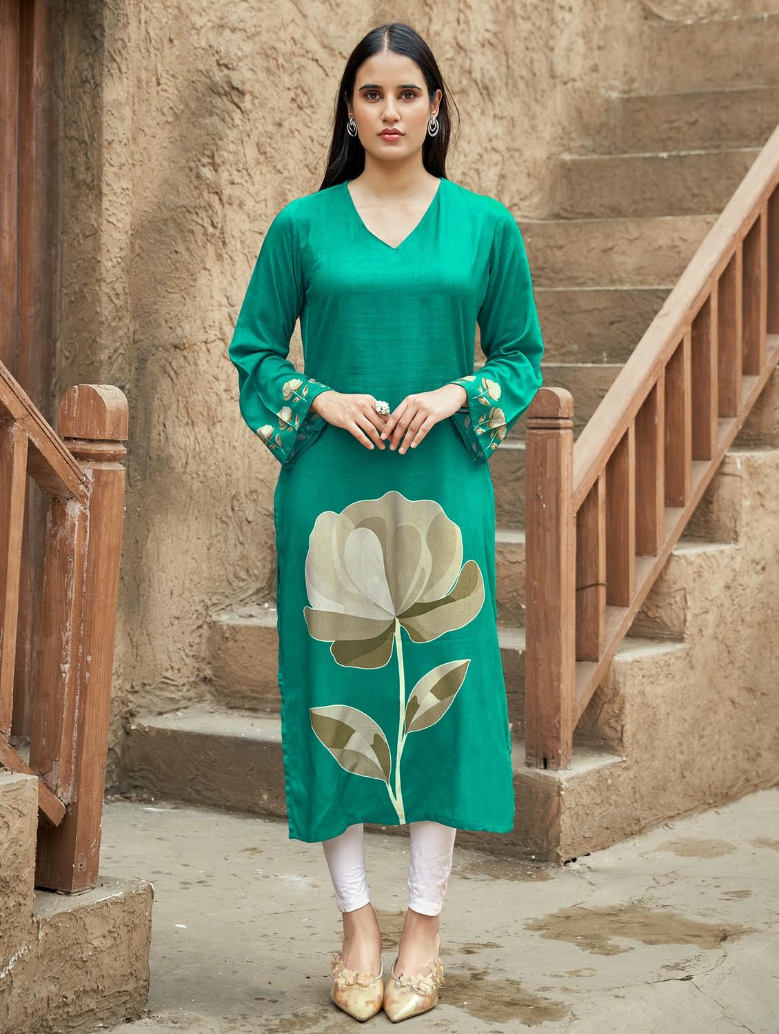 women floral printed long sleeve straight kurta - 21959400 - Zoom Image - 0