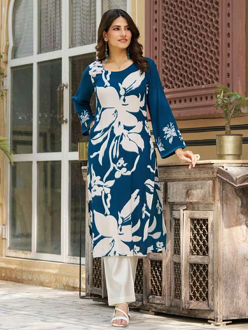 women floral printed long sleeve straight kurta - 21959422 -  Standard Image - 0