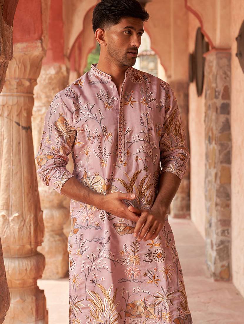 men embroidered mandarin neck long kurta