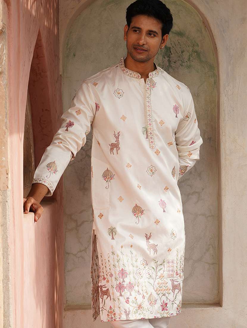 men embroidered mandarin neck long kurta - 21959432 -  Standard Image - 3