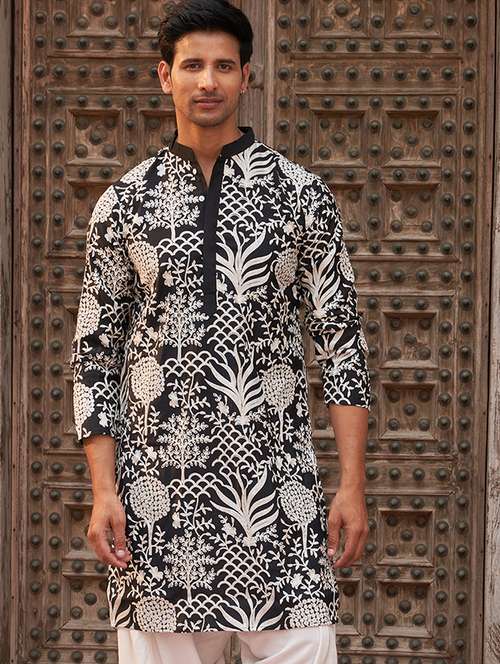 men embroidered mandarin neck long kurta - 21959434 - Standard Image - 0