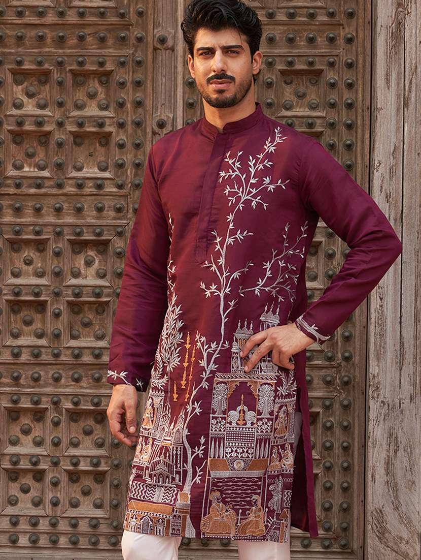 men embroidered mandarin neck long kurta - 21959435 - Standard Image - 3