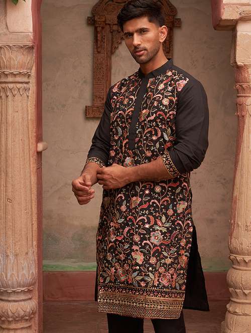men embroidered mandarin neck long kurta - 21959438 - Standard Image - 0