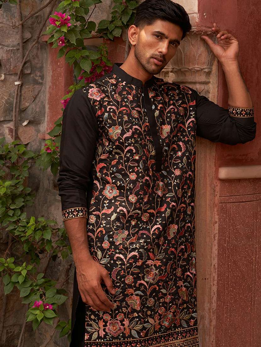 men embroidered mandarin neck long kurta - 21959438 - Standard Image - 3