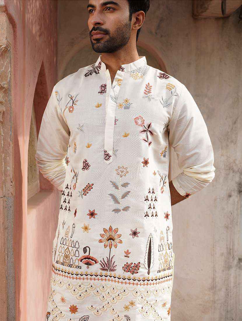 men embroidered mandarin neck long kurta - 21959440 - Standard Image - 3