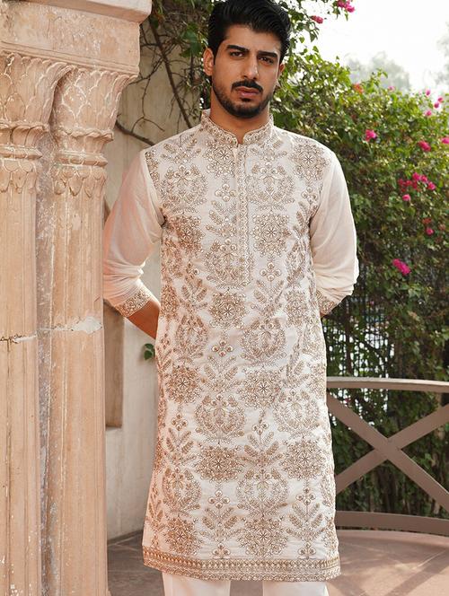 men embroidered mandarin neck long kurta - 21959441 - Standard Image - 0