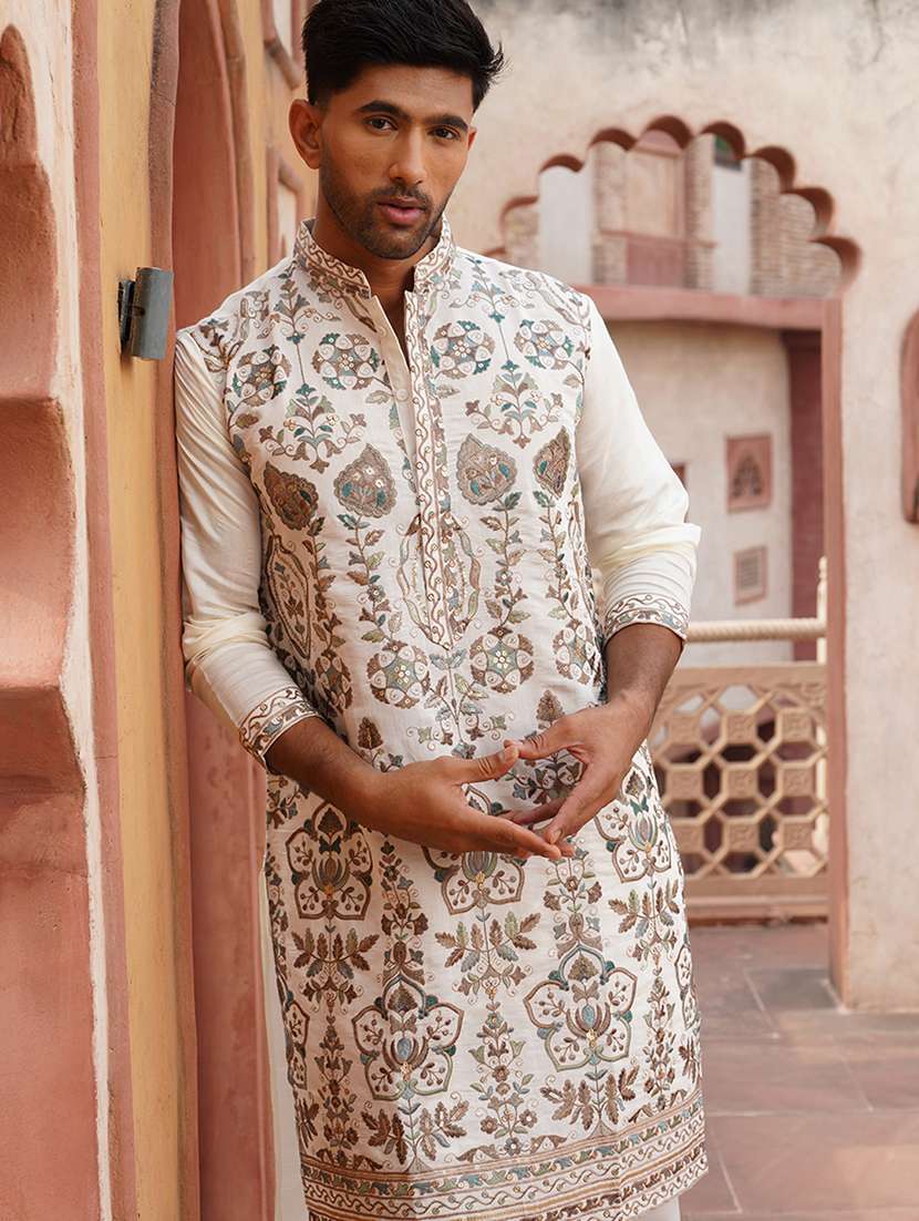 men embroidered mandarin neck long kurta - 21959442 -  Standard Image - 3