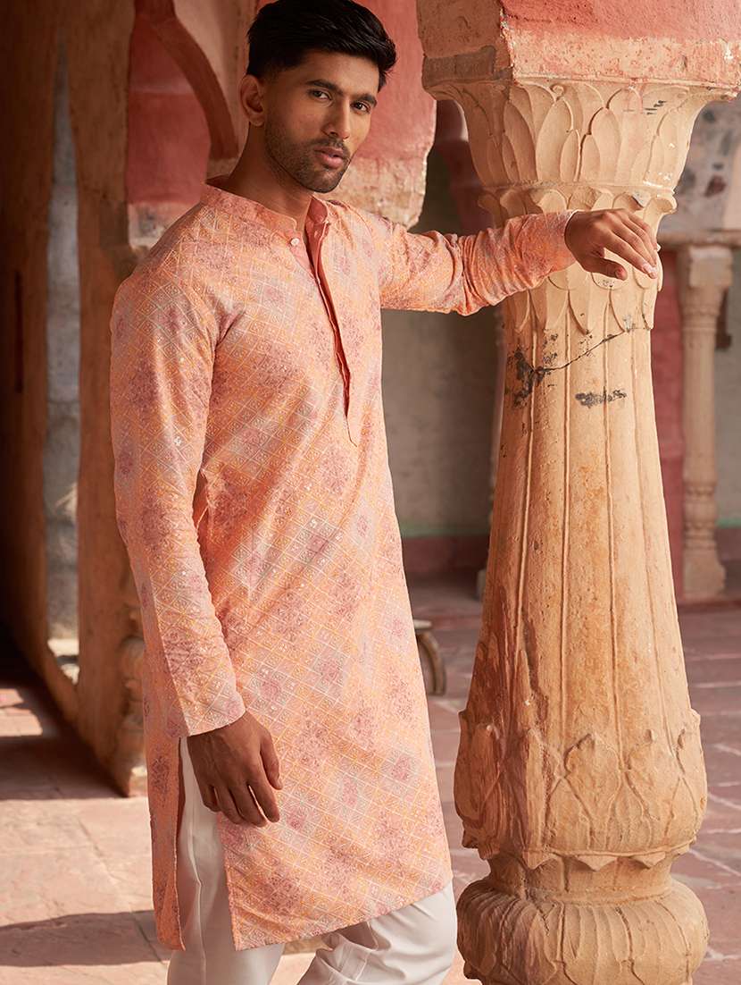 men embroidered mandarin neck long kurta - 21959444 - Standard Image - 3