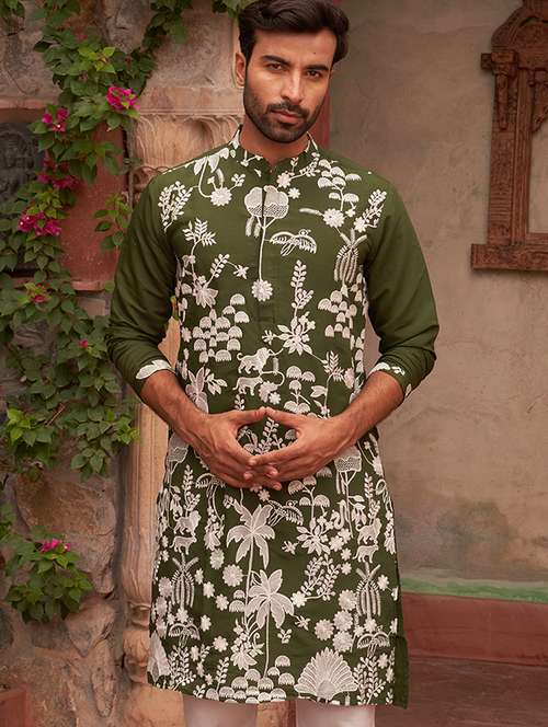 men embroidered mandarin neck long kurta - 21959445 - Standard Image - 0