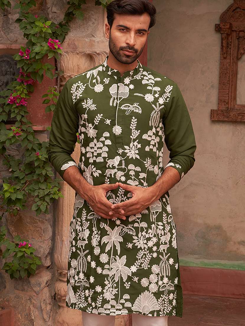men embroidered mandarin neck long kurta