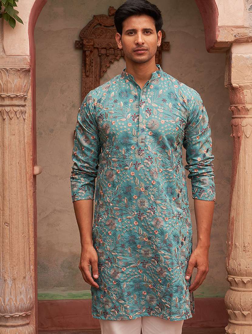 men embroidered mandarin neck long kurta