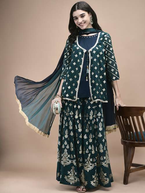 women three quarter sleeve kurta sharara with dupatta set