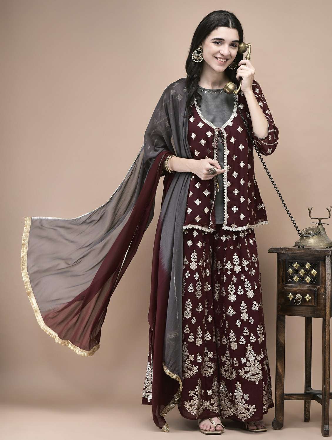 women three quarter sleeve kurta sharara with dupatta set - 21959511 -  Zoom Image - 0