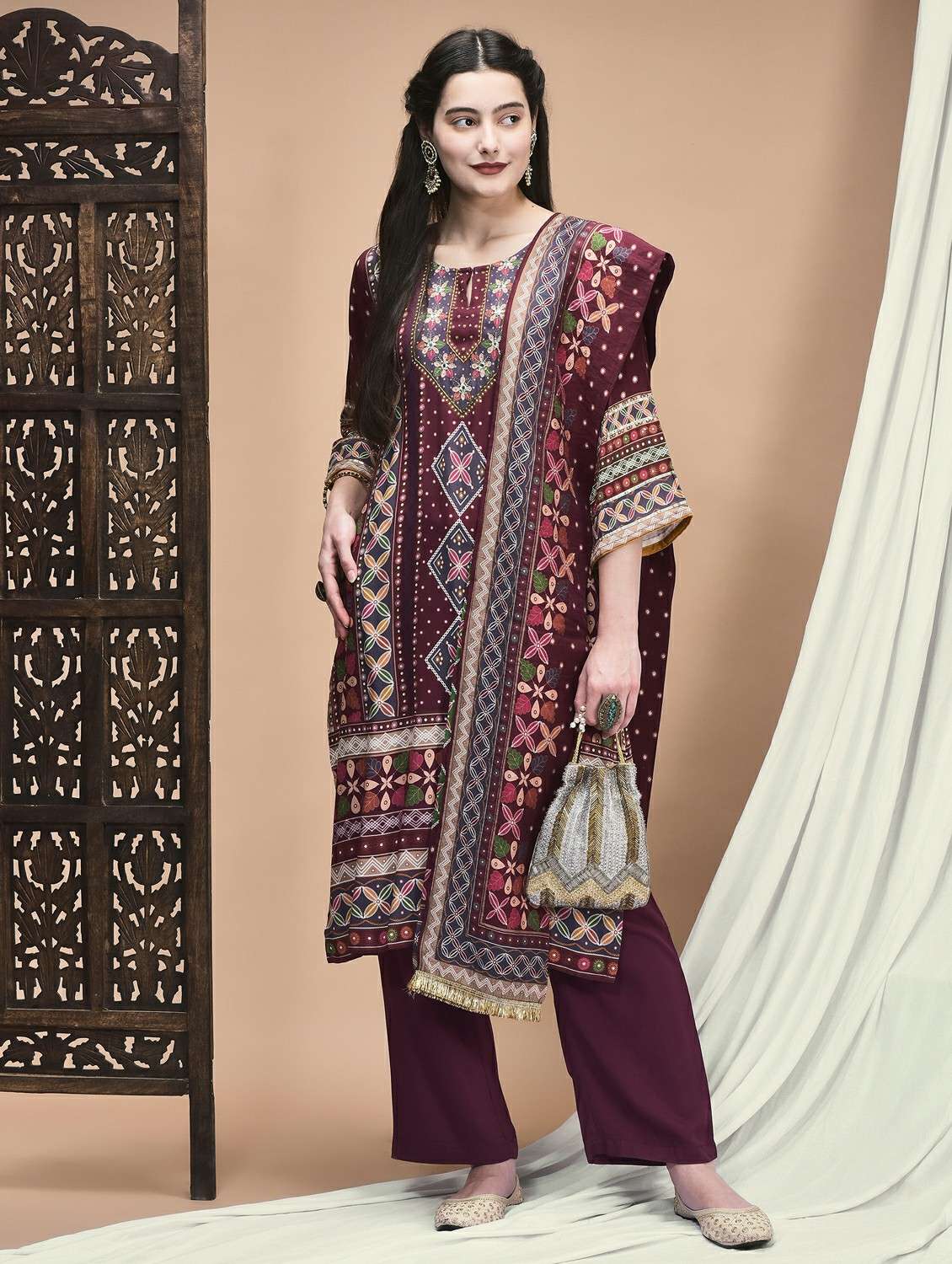 women three quarter sleeve kurta pant with dupatta set
