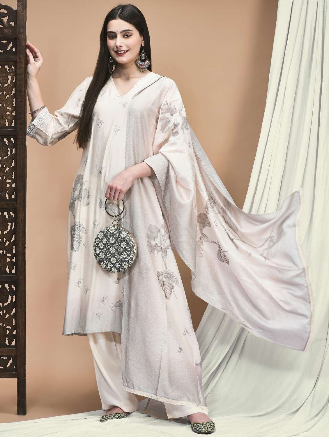 women three quarter sleeve kurta pant with dupatta set