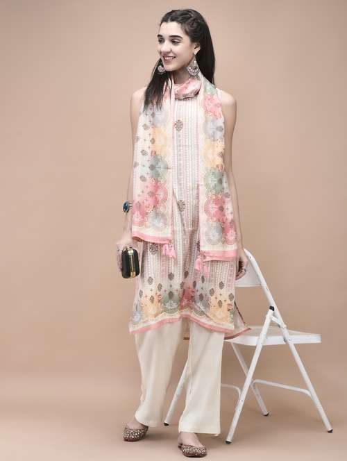 women printed sleeveless kurta palazzo with dupatta set - 21959528 -  Standard Image - 0