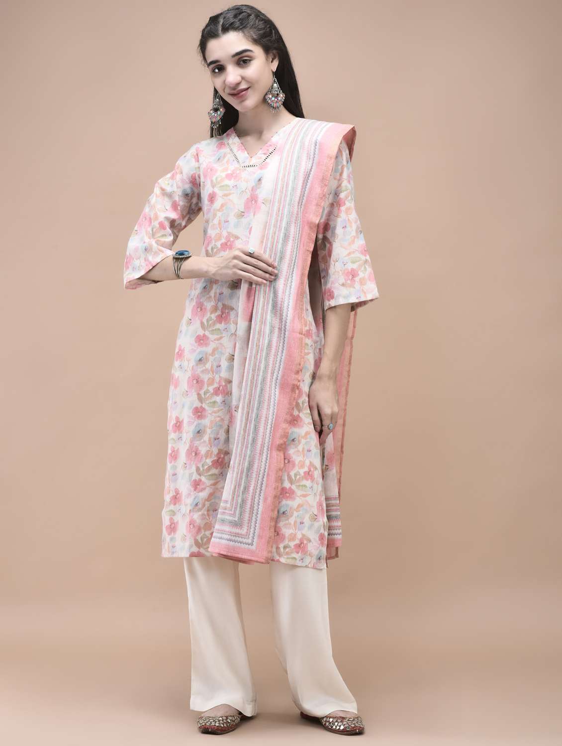 women three quarter sleeve kurta palazzo with dupatta set