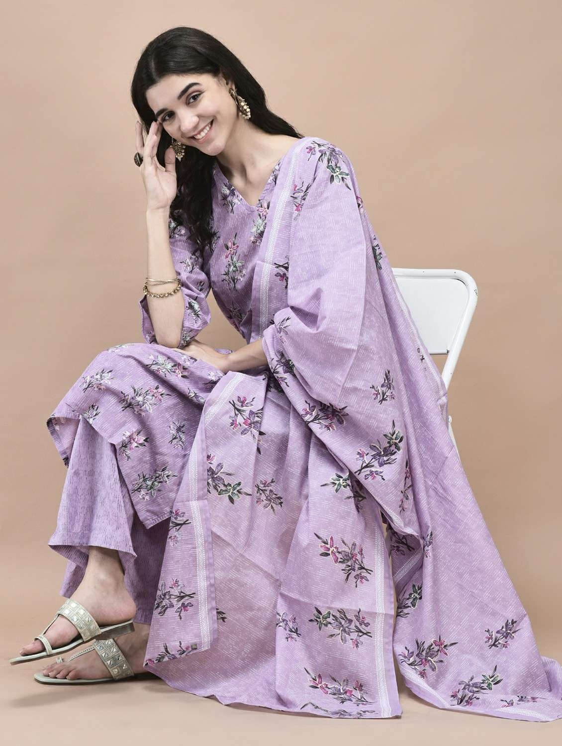 women three quarter sleeve kurta palazzo with dupatta set