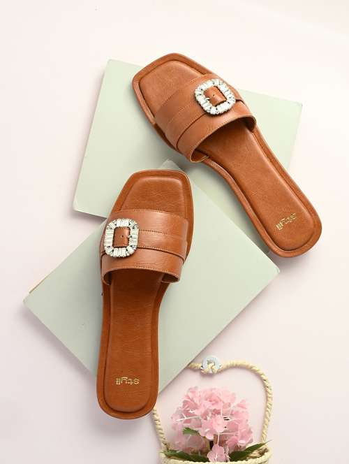 women tan slip on sandal - 21959635 - Standard Image - 0