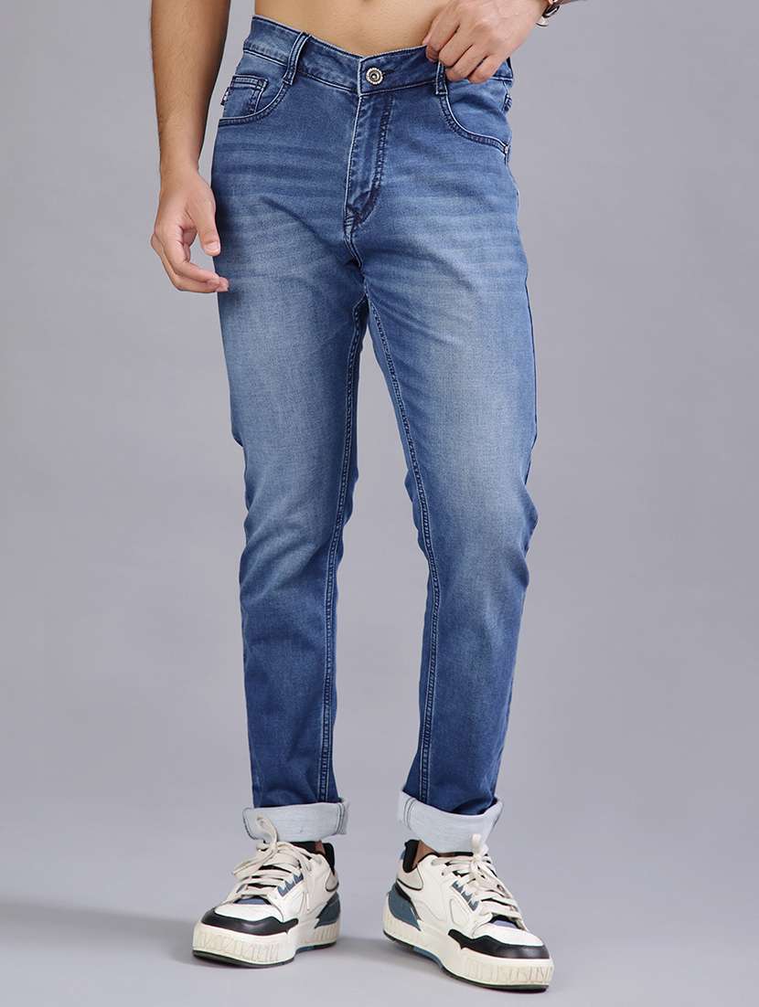 men washed mid rise full length jeans