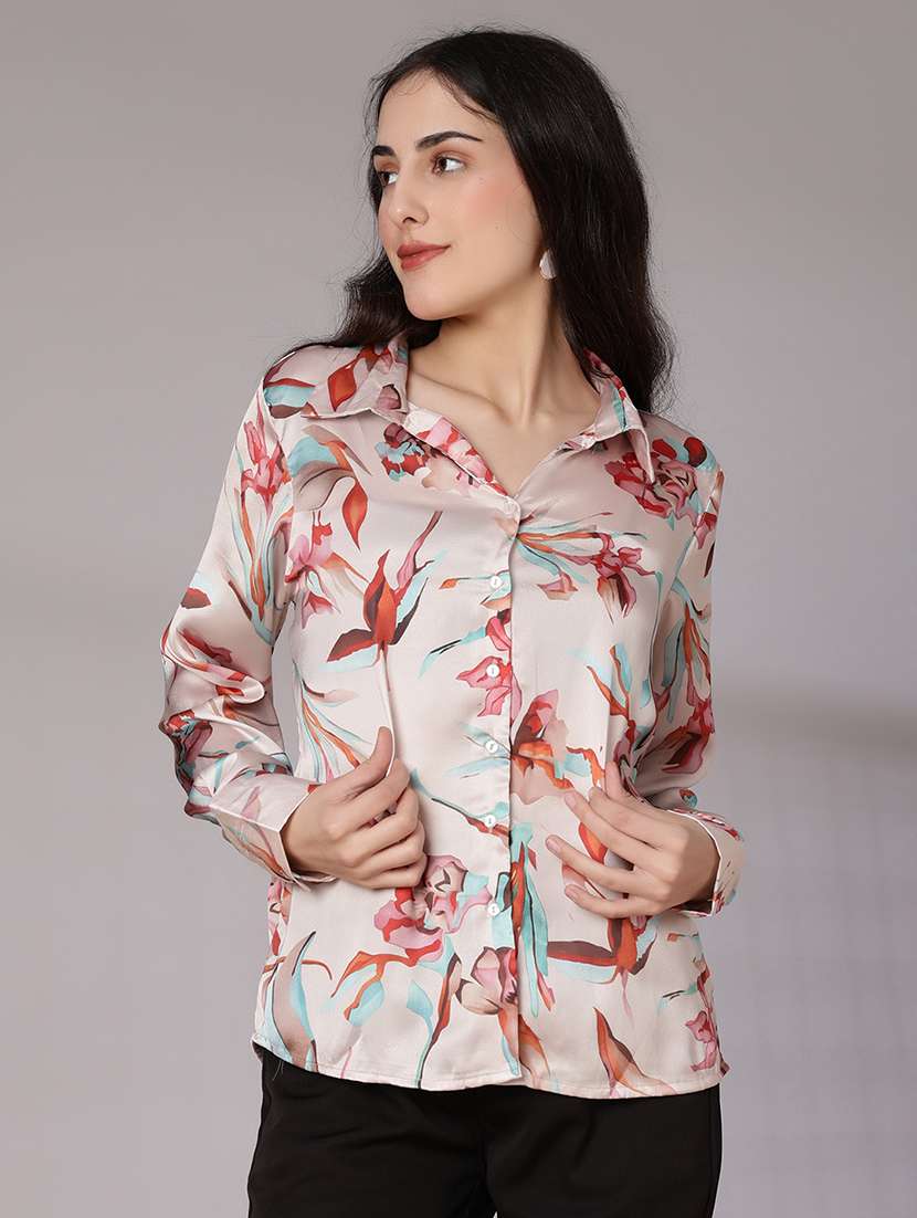 women printed collared long sleeve  shirt