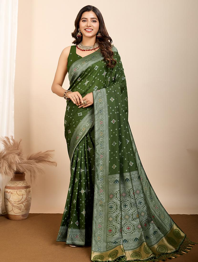 green art silk printed saree with blouse