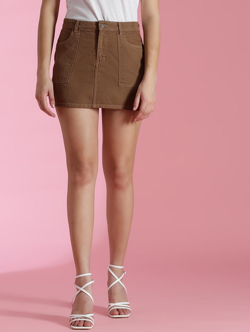 women brown solid mid rise denim skirt