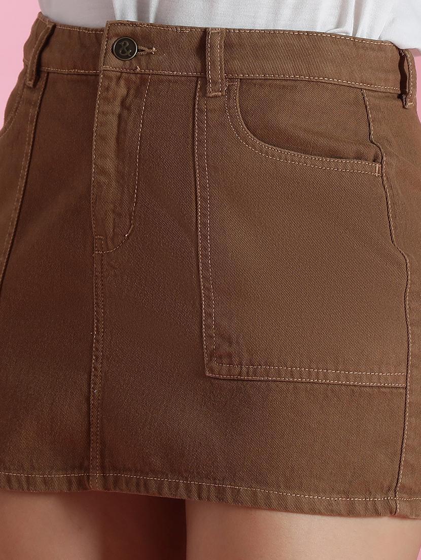 women brown solid mid rise denim skirt - 21960267 - Standard Image - 5