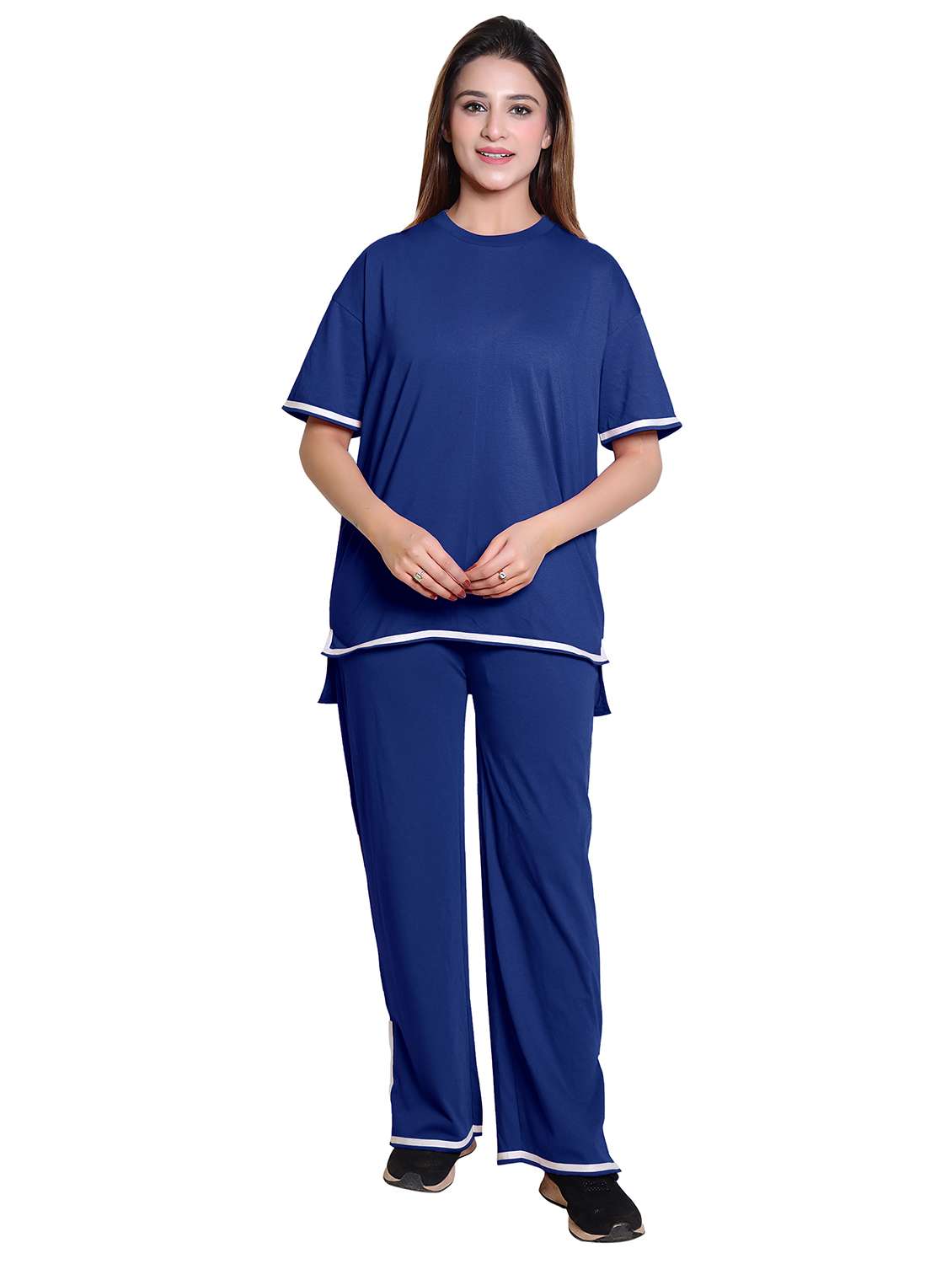 women solid short sleeve t-shirt & trouser co ord set - 21960316 -  Standard Image - 3