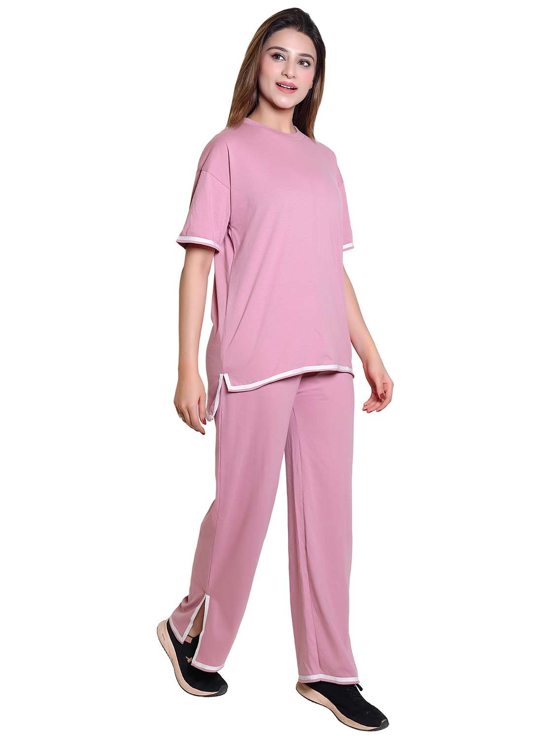 women solid short sleeve t-shirt & trouser co ord set - 21960318 -  Standard Image - 3