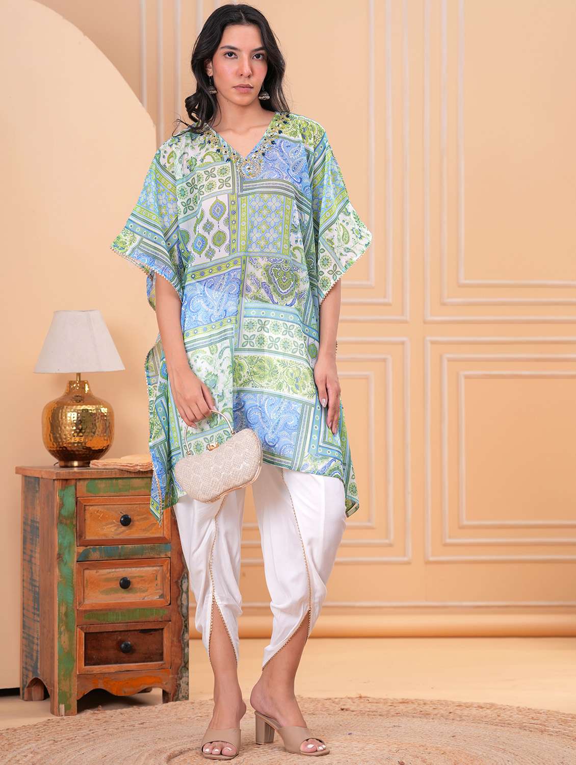 women printed kimono sleeve dhoti kaftan kurta set