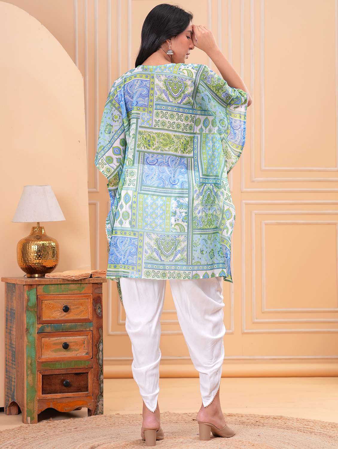 women printed kimono sleeve dhoti kaftan kurta set - 21960360 - Standard Image - 5