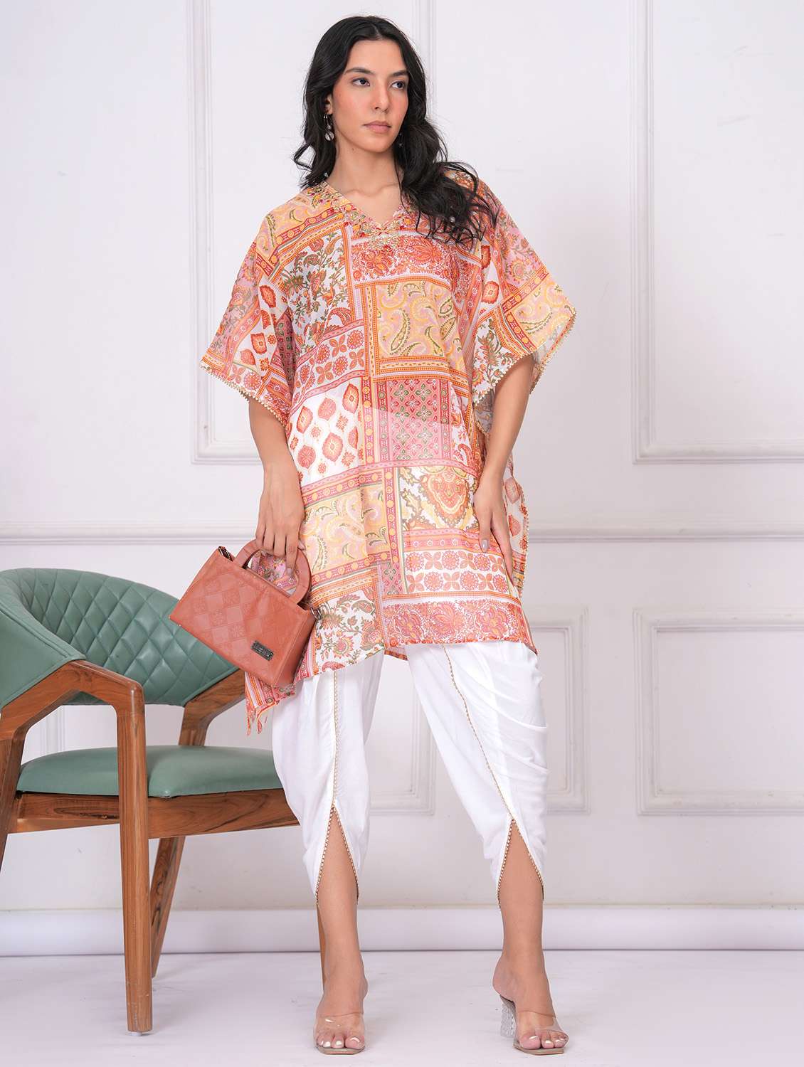 women printed kimono sleeve dhoti kaftan kurta set - 21960361 -  Zoom Image - 0