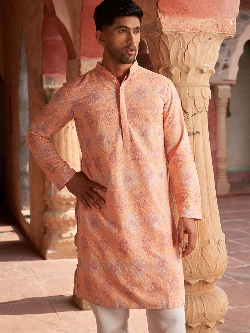 men peach embroidered kurta and pyjama set 