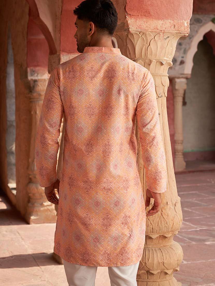 men peach embroidered kurta and pyjama set  - 21960384 -  Standard Image - 3