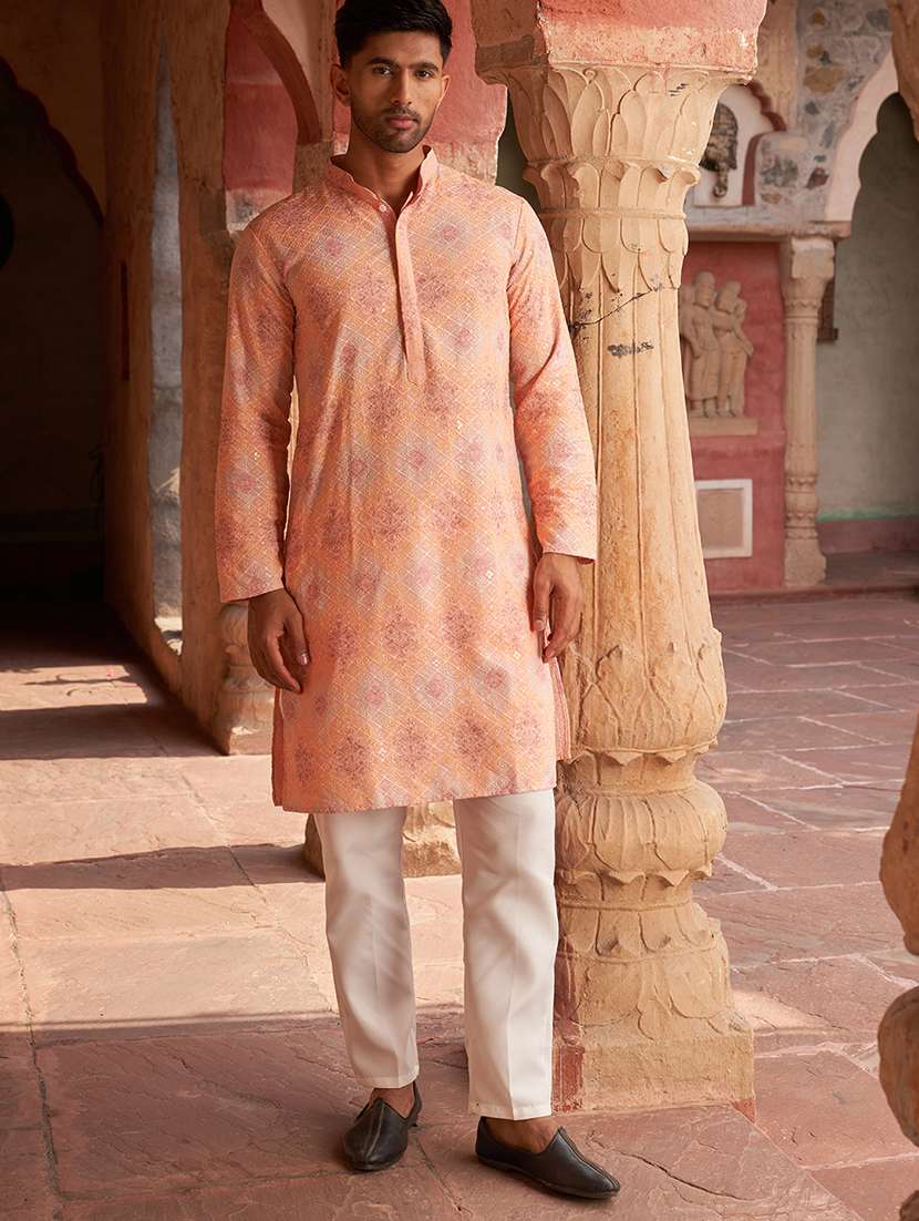 men peach embroidered kurta and pyjama set  - 21960384 -  Standard Image - 5