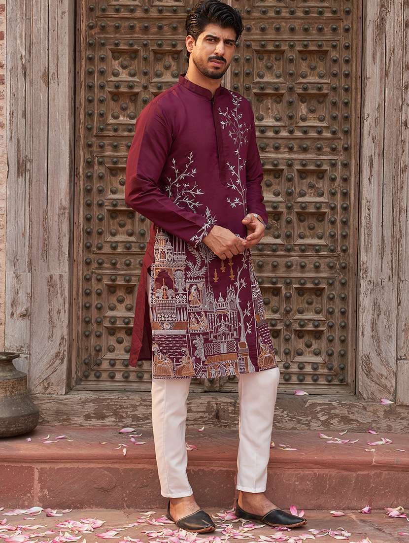 men purple embroidered kurta and pyjama set  - 21960389 -  Standard Image - 3