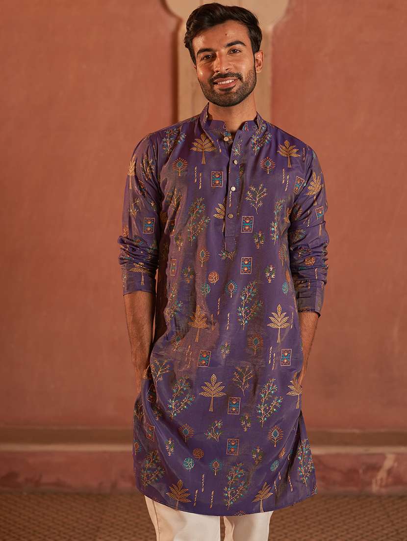men purple embroidered kurta and pyjama set 