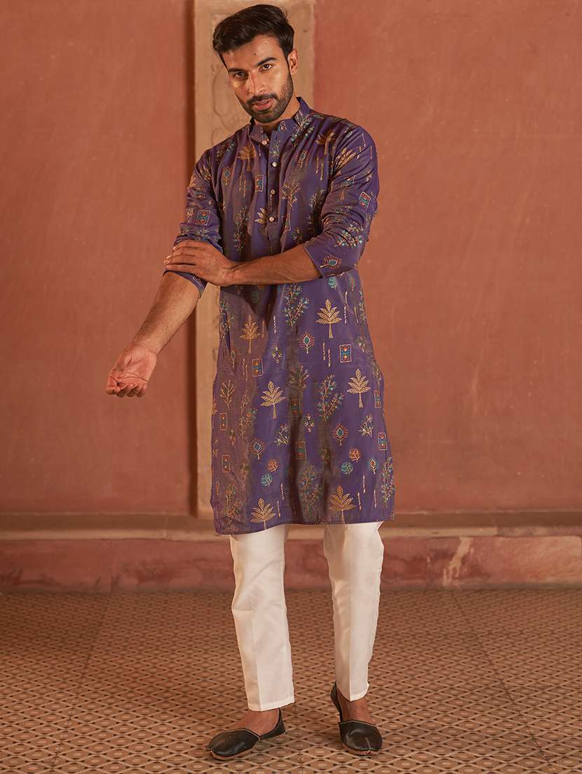 men purple embroidered kurta and pyjama set  - 21960393 -  Standard Image - 3