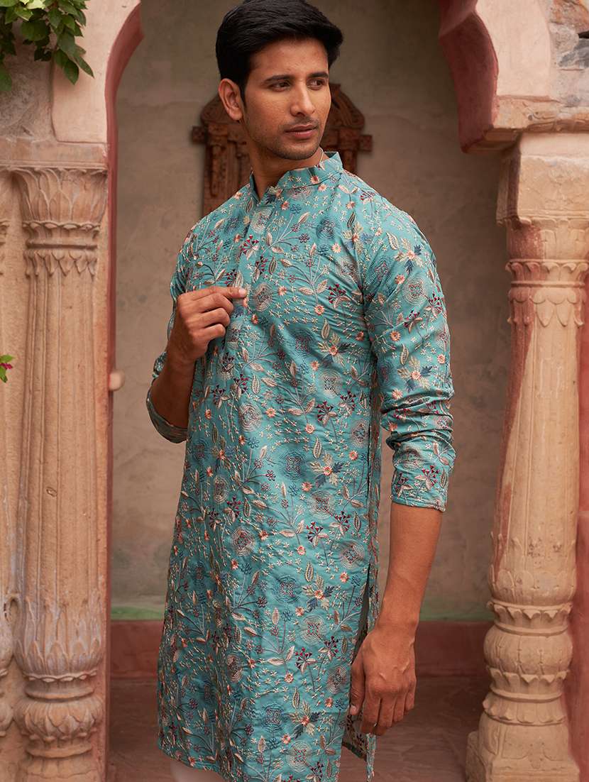 men ligh blue embroidered kurta and pyjama set  - 21960397 -  Standard Image - 3