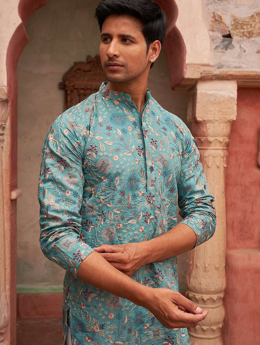 men ligh blue embroidered kurta and pyjama set  - 21960397 -  Standard Image - 5