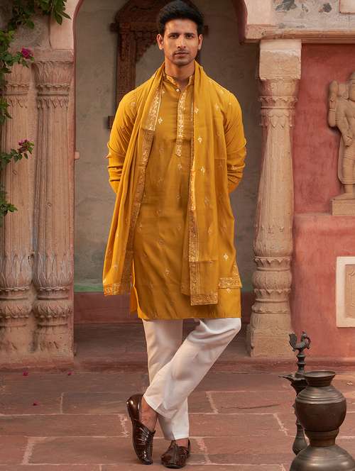 men mustard embroidered kurta and pyjama with dupatta  - 21960398 -  Standard Image - 0