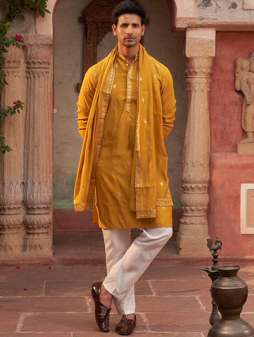 men mustard embroidered kurta and pyjama with dupatta 
