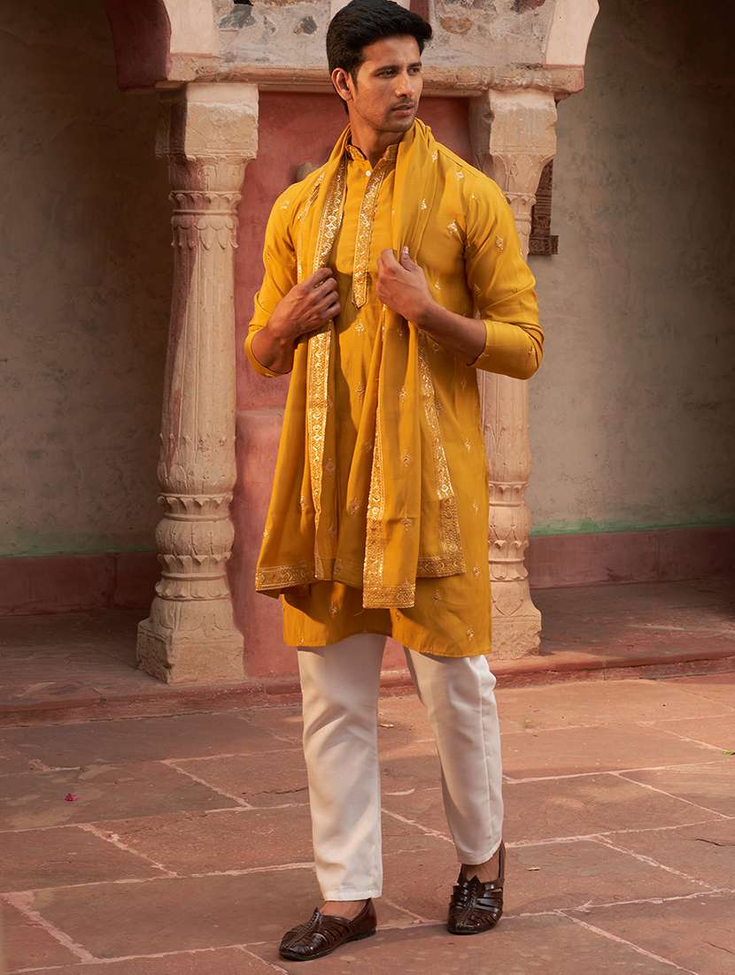 men mustard embroidered kurta and pyjama with dupatta  - 21960398 -  Standard Image - 3