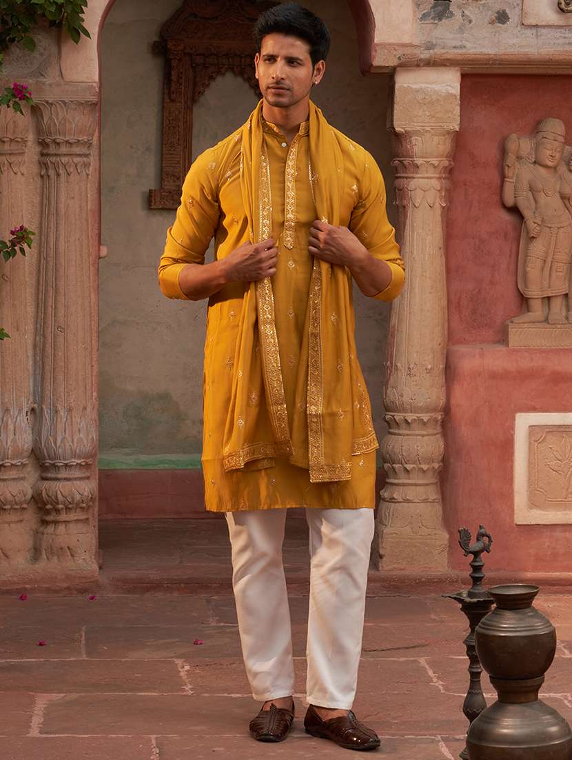 men mustard embroidered kurta and pyjama with dupatta  - 21960398 -  Standard Image - 5